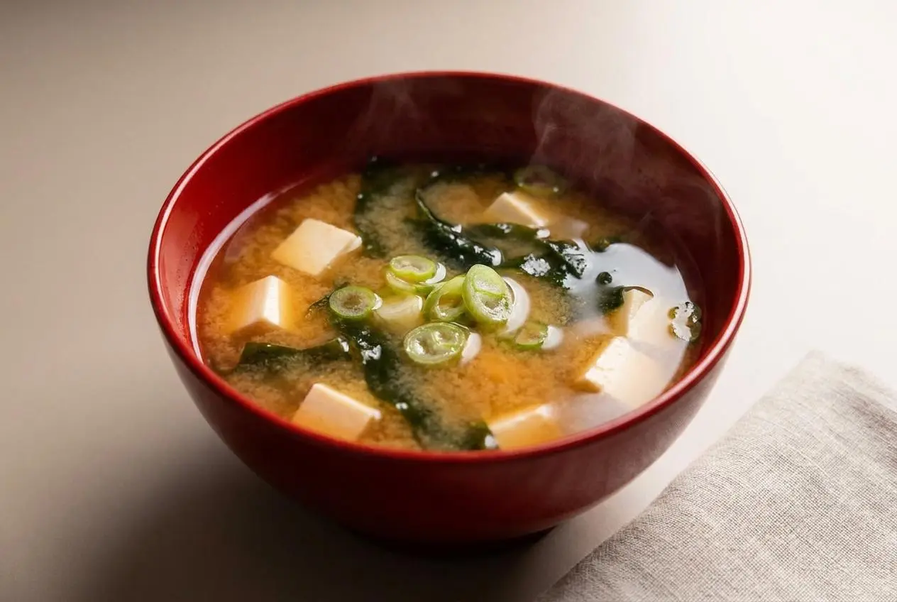 Soupe miso fumante avec cubes de tofu soyeux, algues wakame et oignons verts dans un bol japonais.