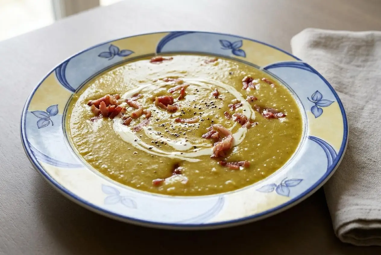 Soupe de pois cassés crémeuse et fumée servie dans un bol avec une pointe de crème.