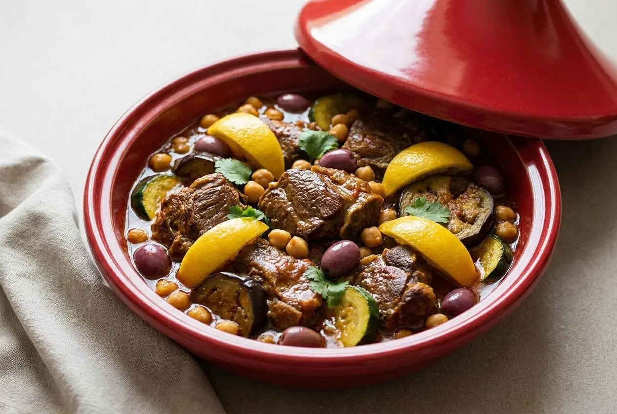 Tajine d’agneau fondant aux légumes dorés et citron confit dans une sauce aux épices ambrée.