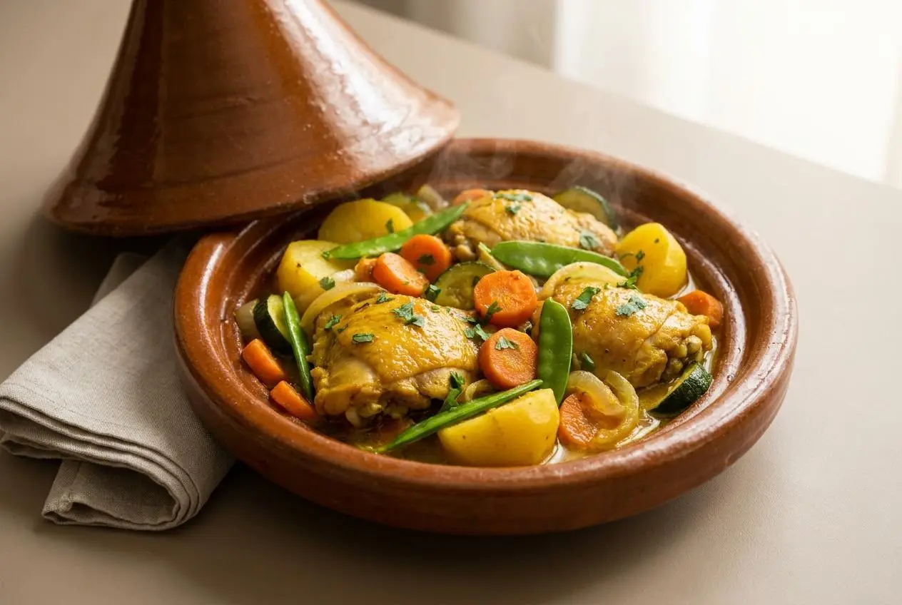 Tajine poulet légumes doré et fondant aux carottes et pommes de terre dans un bouillon safrané