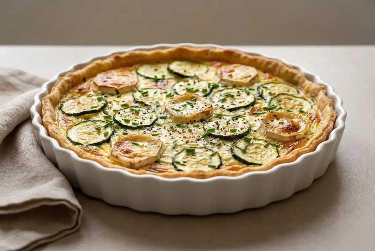 Tarte à la courgette dorée garnie de rondelles de chèvre fondues et d'emmental gratiné.