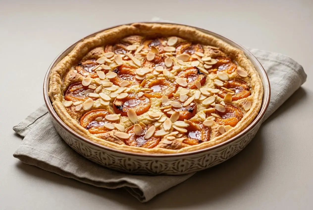 Tarte abricots amandes Cyril Lignac dorée aux oreillons fondants et amandes effilées