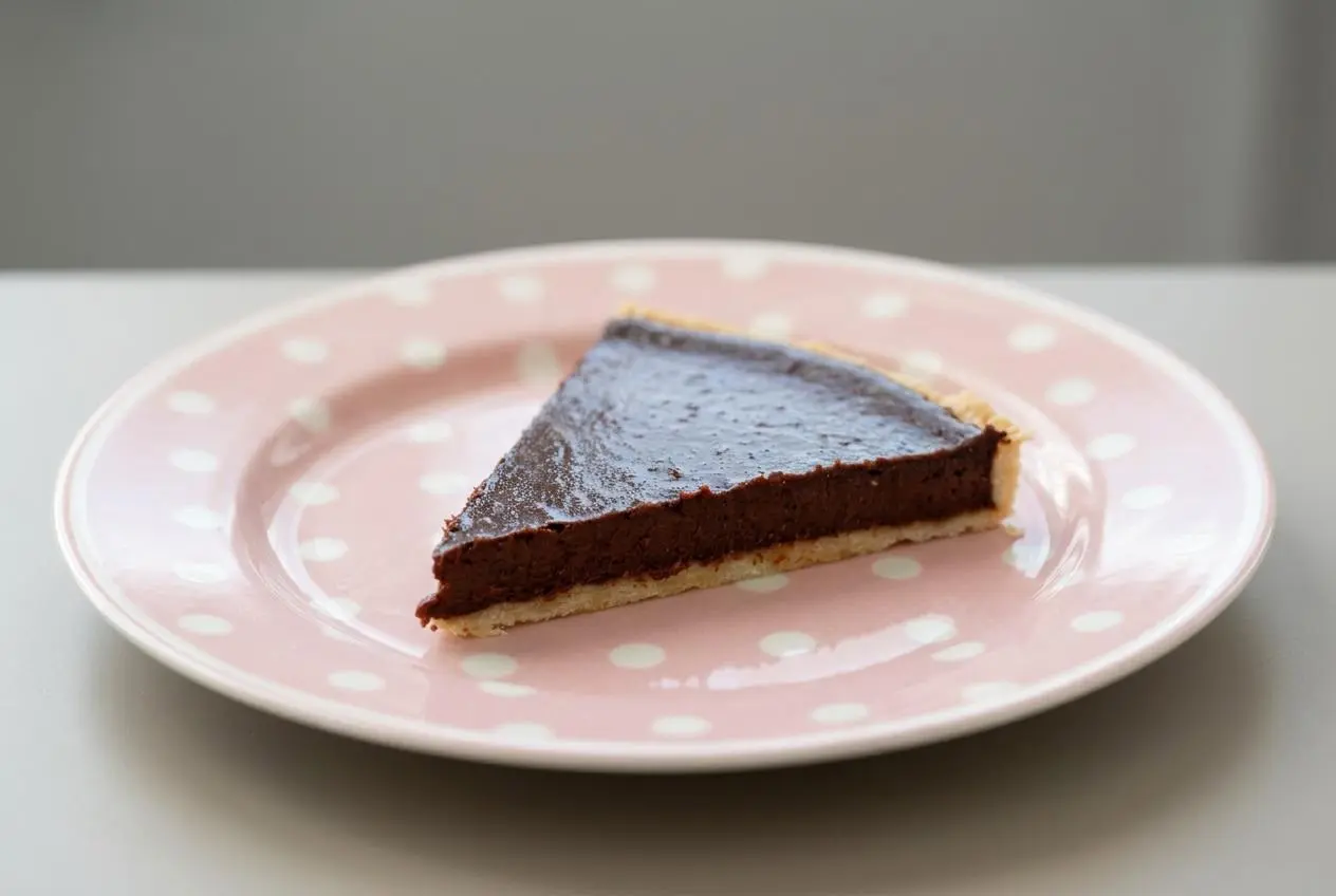 Tarte au chocolat de Cyril Lignac à la pâte dorée et ganache noire brillante.