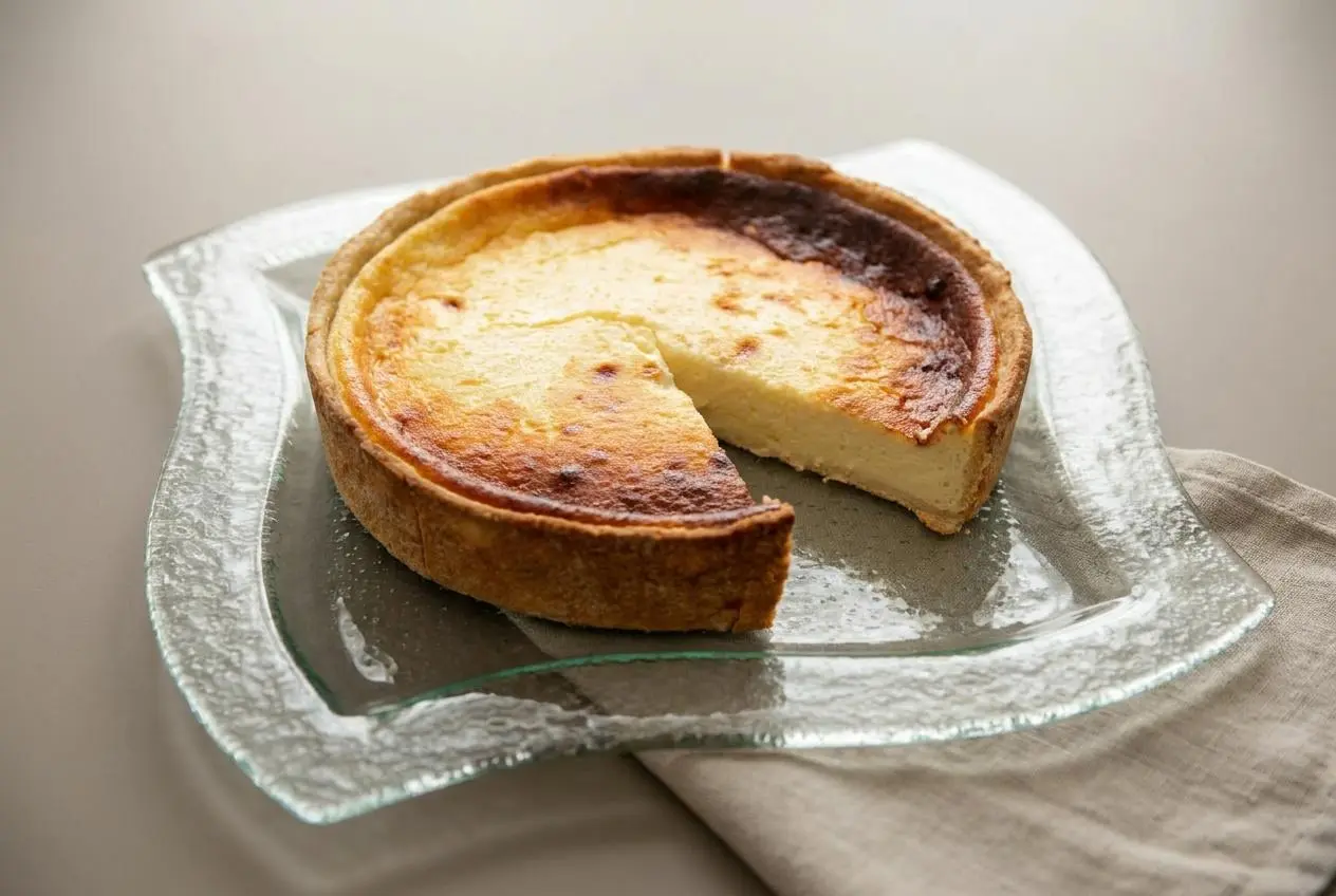 Tarte au fromage blanc alsacienne dorée et soufflée sur plat de service