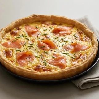 Tarte au saumon dorée et croustillante garnie de saumon fumé et de ciboulette