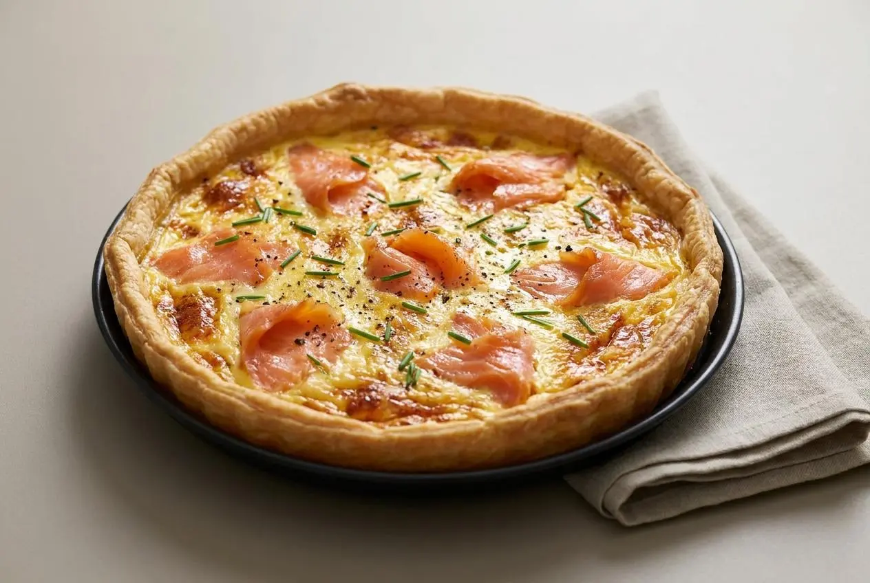 Tarte au saumon dorée et croustillante garnie de saumon fumé et de ciboulette