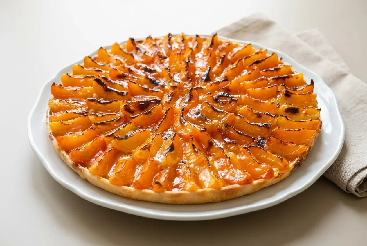 Tarte aux abricots dorée garnie de fruits fondants caramélisés sous un nappage brillant.