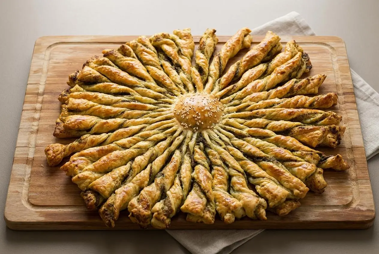 Tarte soleil au pesto dorée et croustillante parsemée de graines de sésame blanc