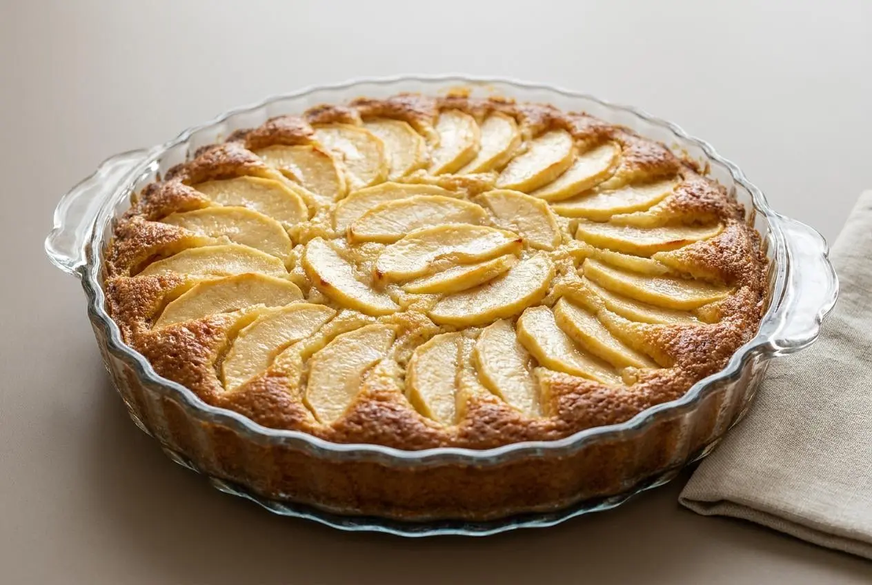 Tarte suisse aux pommes dorée au four et saupoudrée de sucre glace sur plat de service.