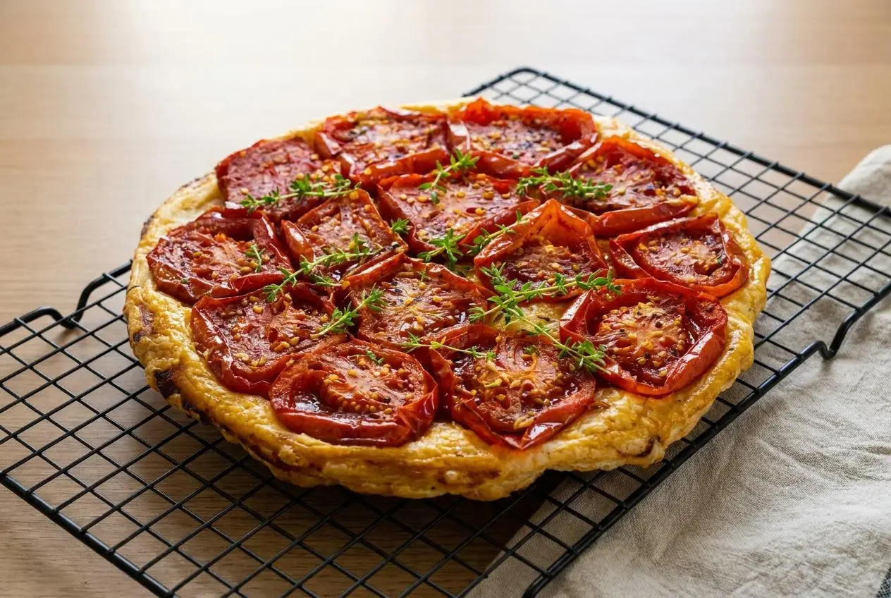 Tarte Tatin aux tomates caramélisées au balsamique avec une pâte feuilletée dorée et croustillante.