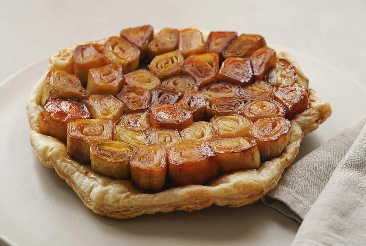 Tarte tatin de poireaux démoulée au caramel balsamique brillant et pâte feuilletée bien dorée.