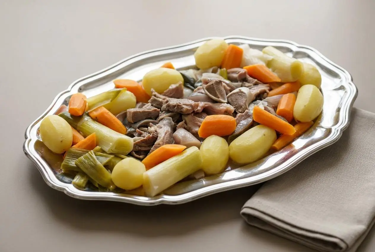 Tête de veau pochée et fondante servie avec carottes, poireau et pommes de terre au court-bouillon.
