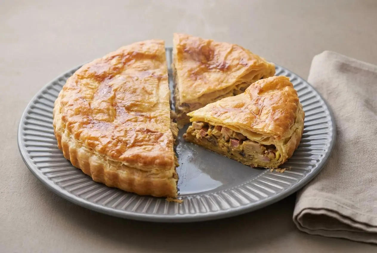 Tourte au poulet bien dorée avec croûte croustillante et garniture crémeuse