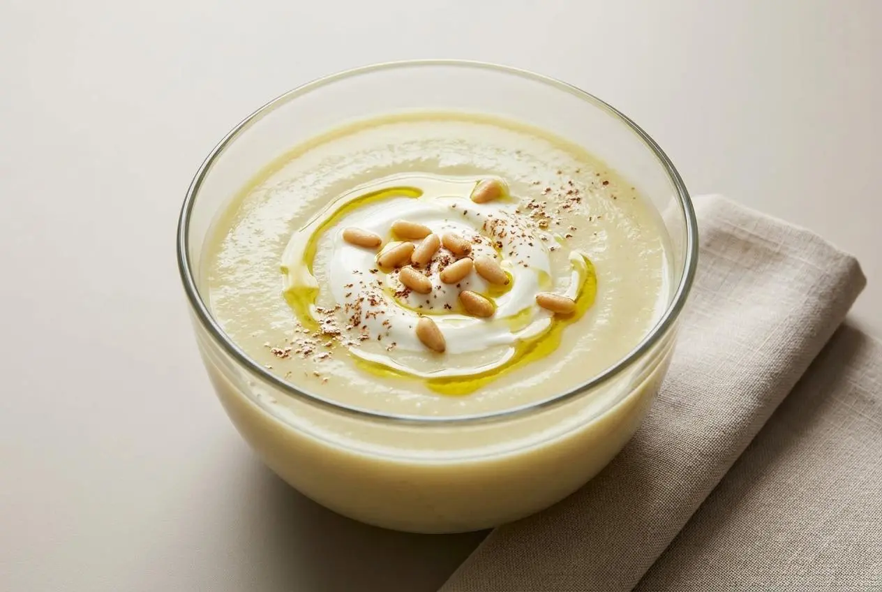Velouté de fenouil onctueux servi dans un bol avec pignons dorés et pluches fraîches.