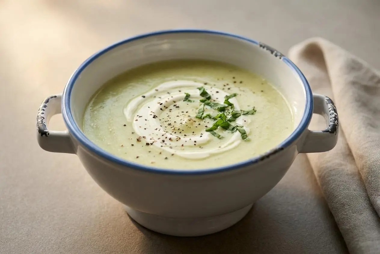 Bol de velouté de poireaux onctueux garni d'un filet de crème fraîche et de basilic ciselé