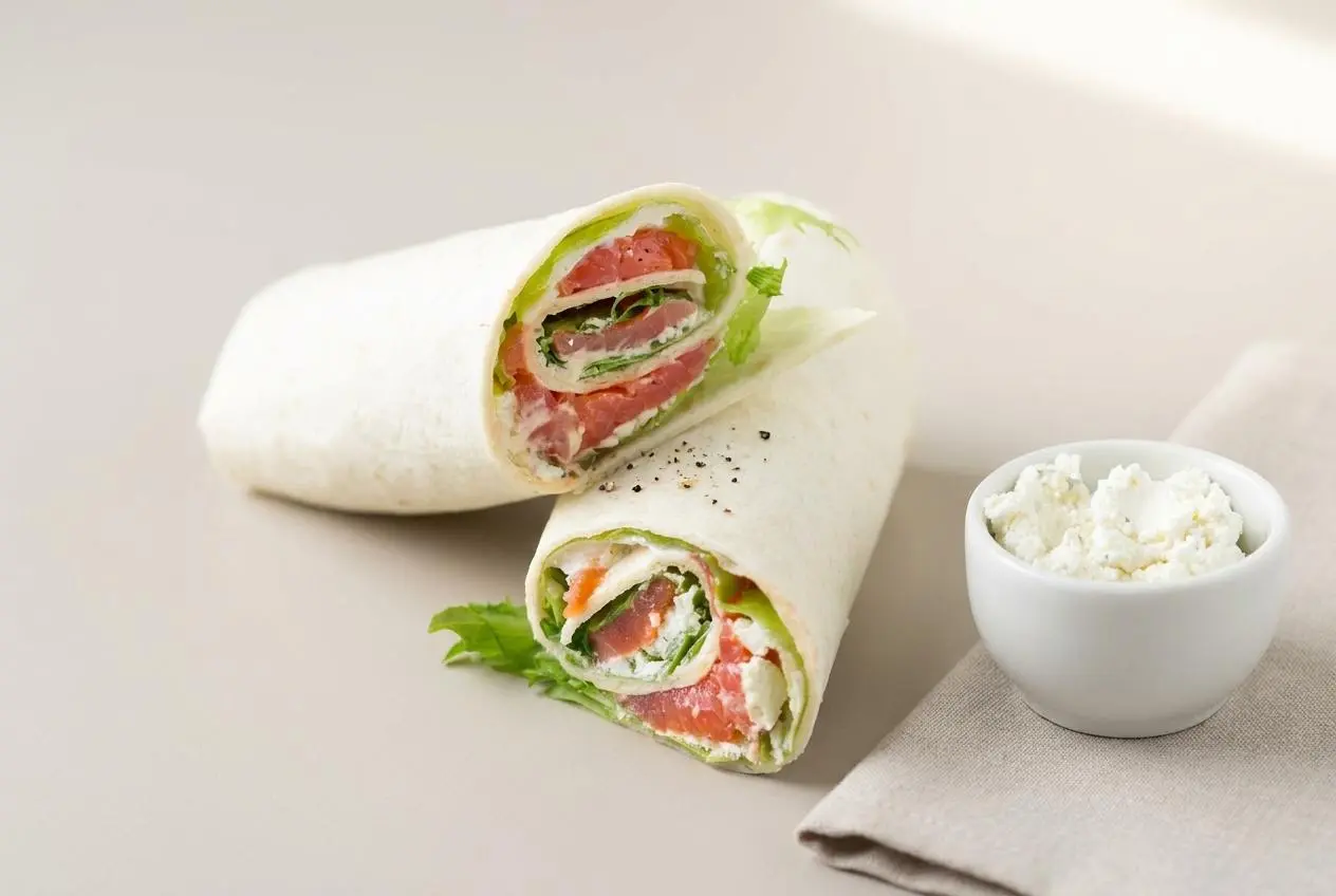Wrap saumon garni de fromage crémeux aux herbes et de salade croquante coupé en deux