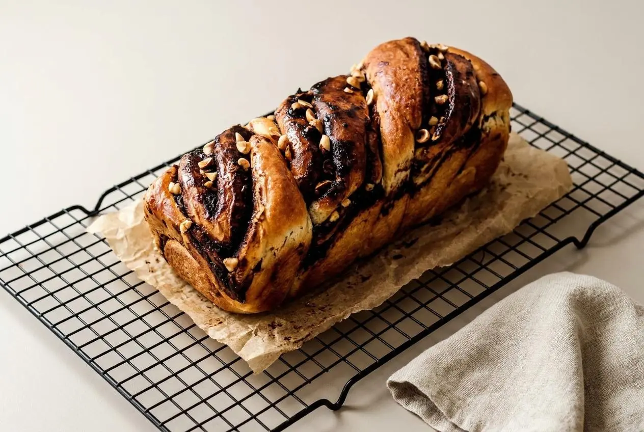 Babka au chocolat dorée et moelleuse, marbrée d'une garniture fondante et parsemée de noisettes torréfiées.