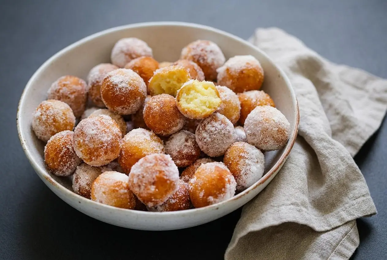 Beignets à la ricotta dorés et ronds, enrobés de sucre semoule croquant.