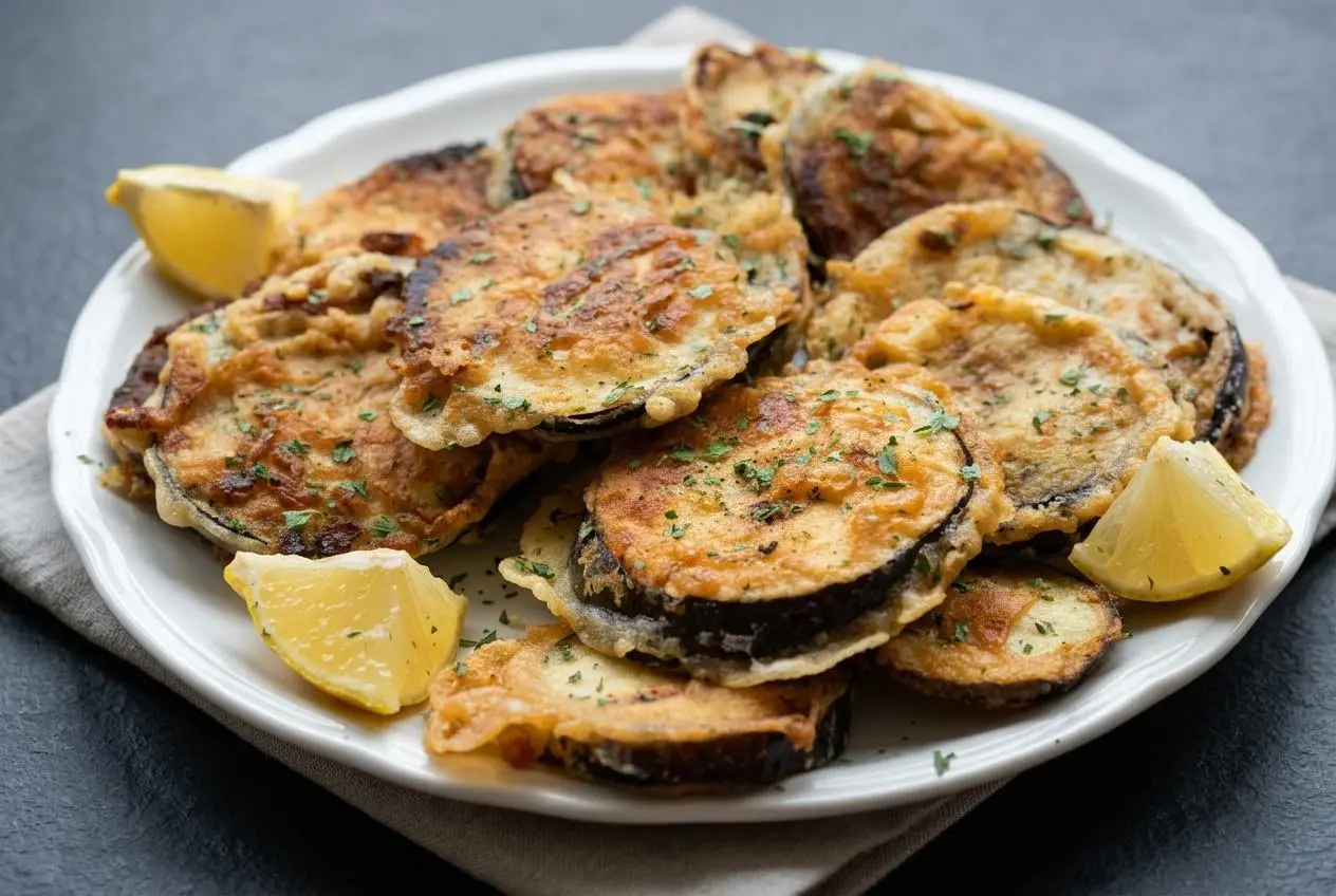 Beignets d’aubergines dorés et croustillants servis sur un plat avec des quartiers de citron et du persil frais