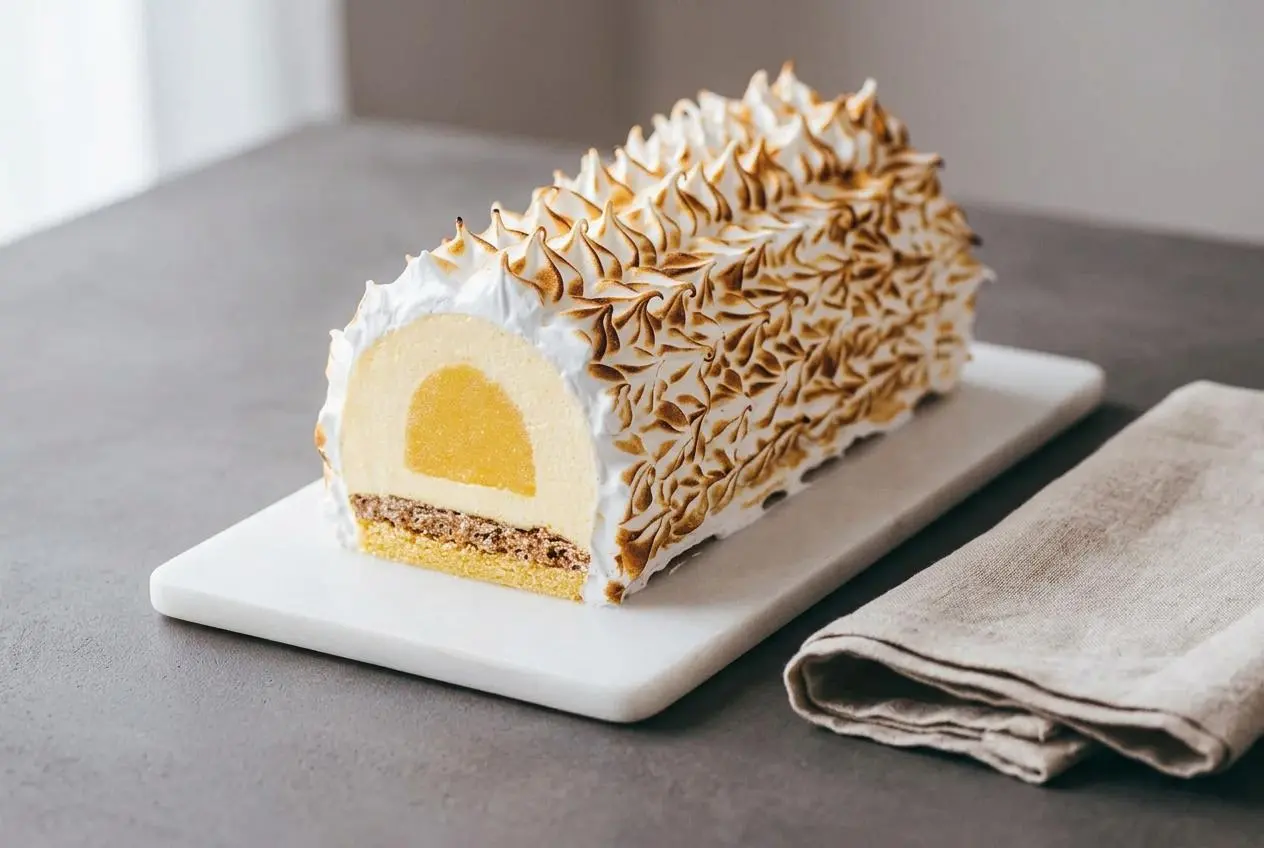 Bûche citron meringuée recouverte de dômes de meringue italienne légèrement dorés au chalumeau
