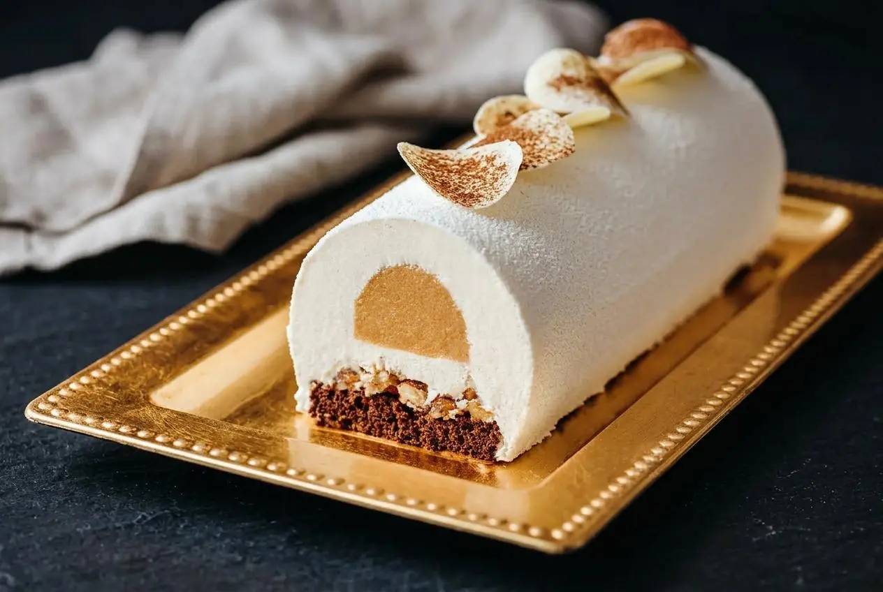 Bûche vanille caramel noix de pécan au flocage velours blanc décorée de tuiles de chocolat poudrées de cacao