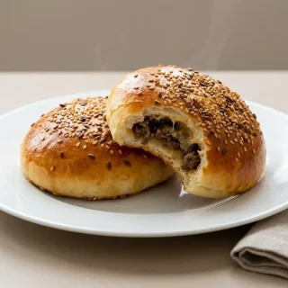 Buns farcis à la viande hachée bien dorés aux graines, à la mie briochée moelleuse.