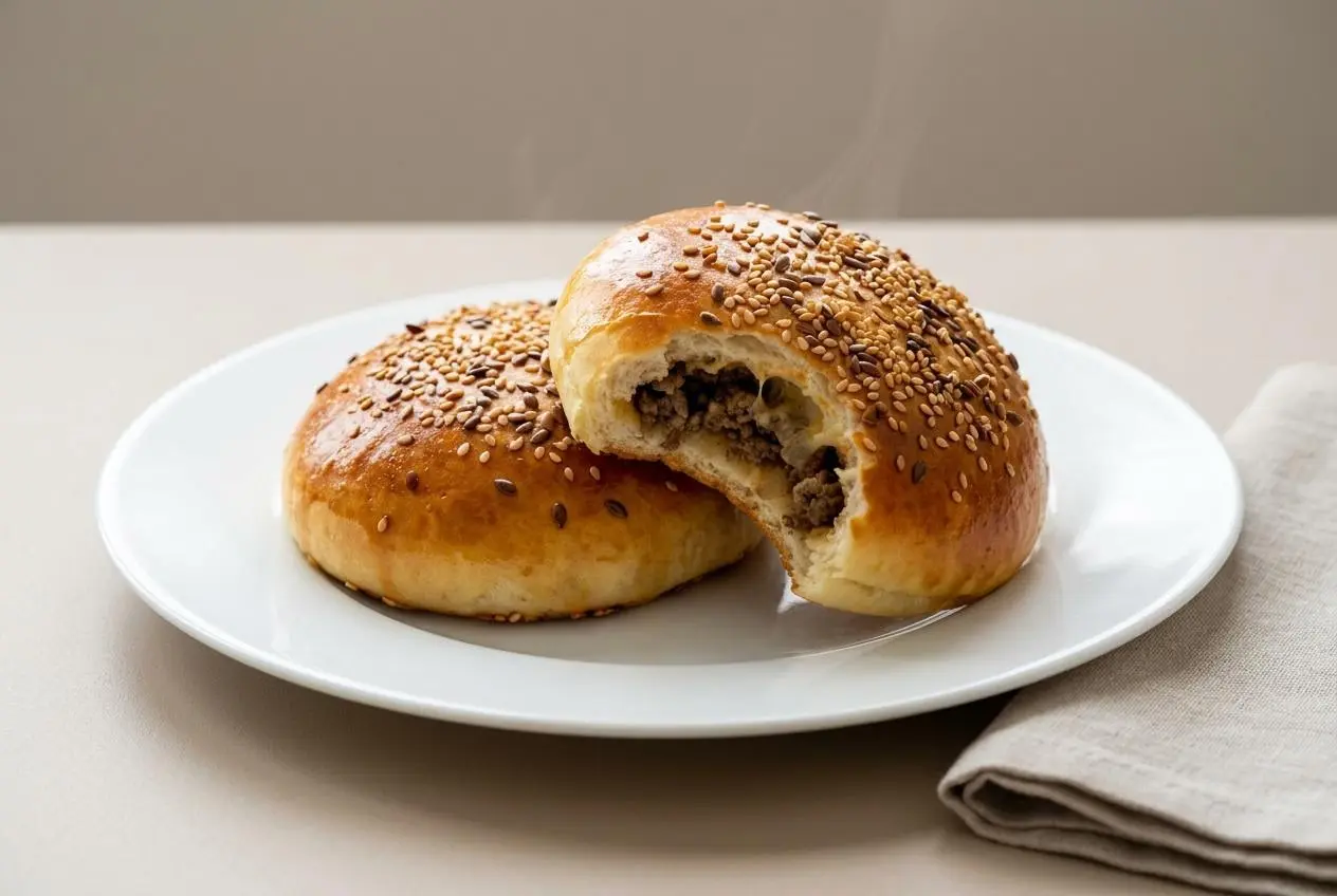 Buns farcis à la viande hachée bien dorés aux graines, à la mie briochée moelleuse.
