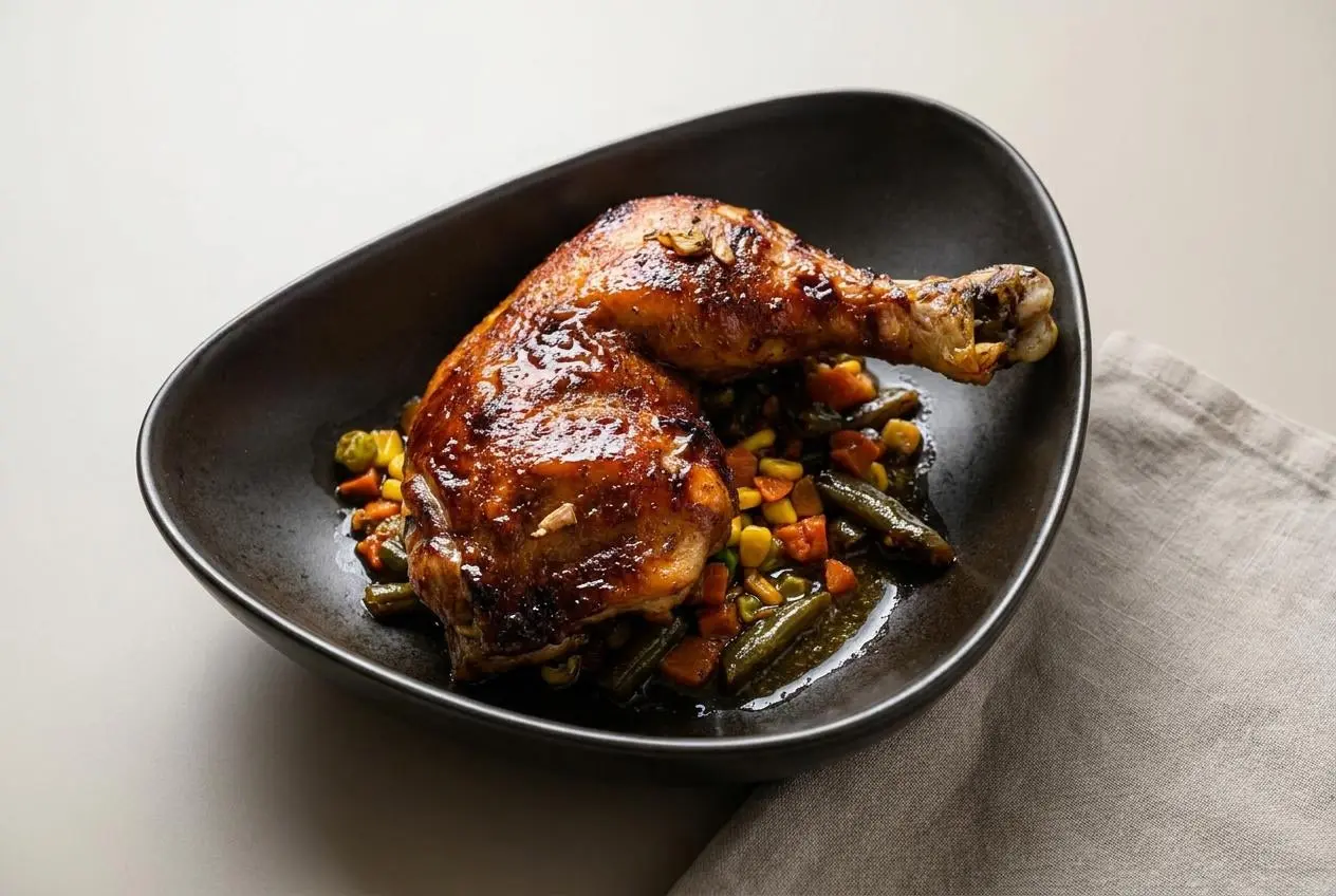 Cuisse de dinde au four rôtie à la peau dorée et croustillante, nappée d'un jus ambré parfumé.