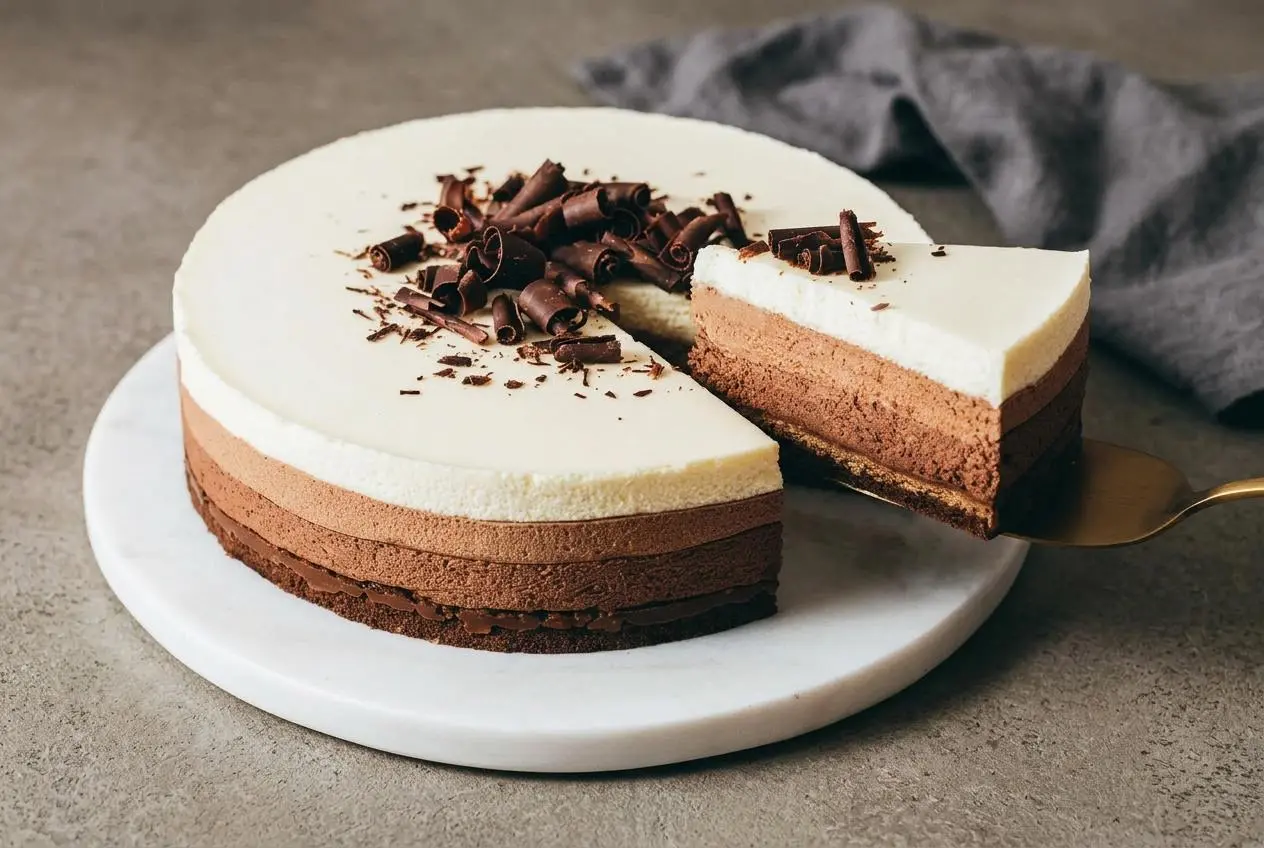 Entremets 3 chocolats aux couches de mousses fondantes sur croustillant praliné et copeaux de chocolat noir