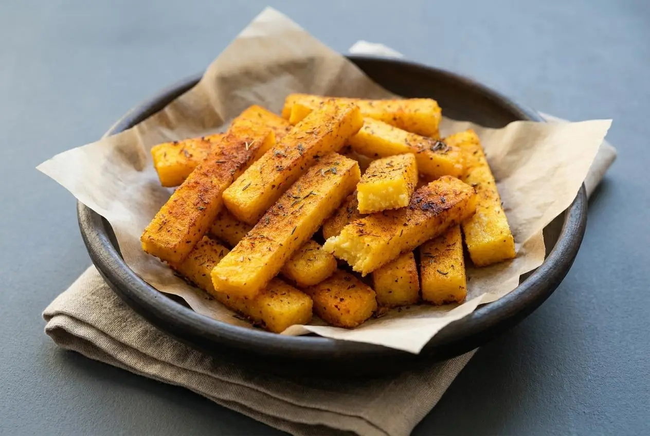 Frites de polenta dorées au four à la croûte croustillante et parfumée au thym.
