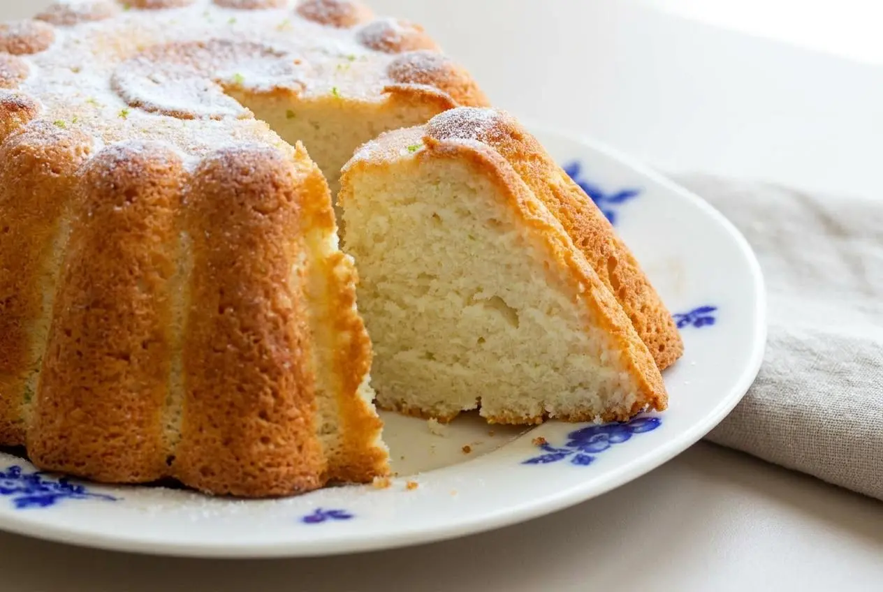 Gâteau neige aux blancs d’œufs moelleux et doré avec un léger voile de sucre glace.