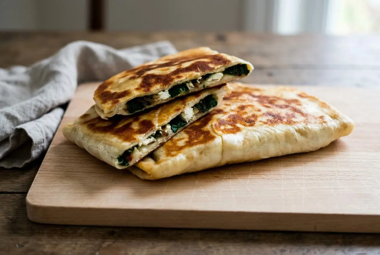 Gözleme épinards et feta dorés à la poêle avec une pâte fine et croustillante.