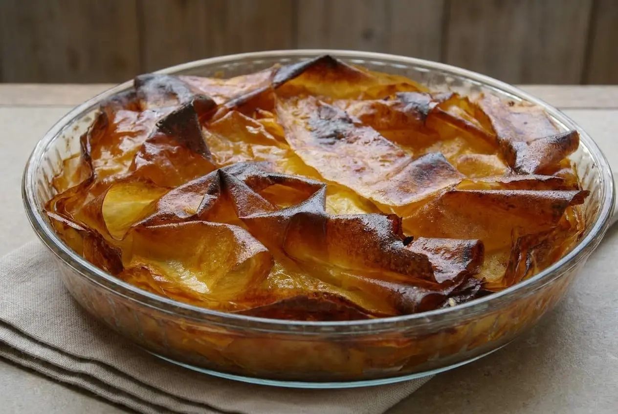 Pastis gascon doré et croustillant aux fines feuilles froissées et pommes parfumées