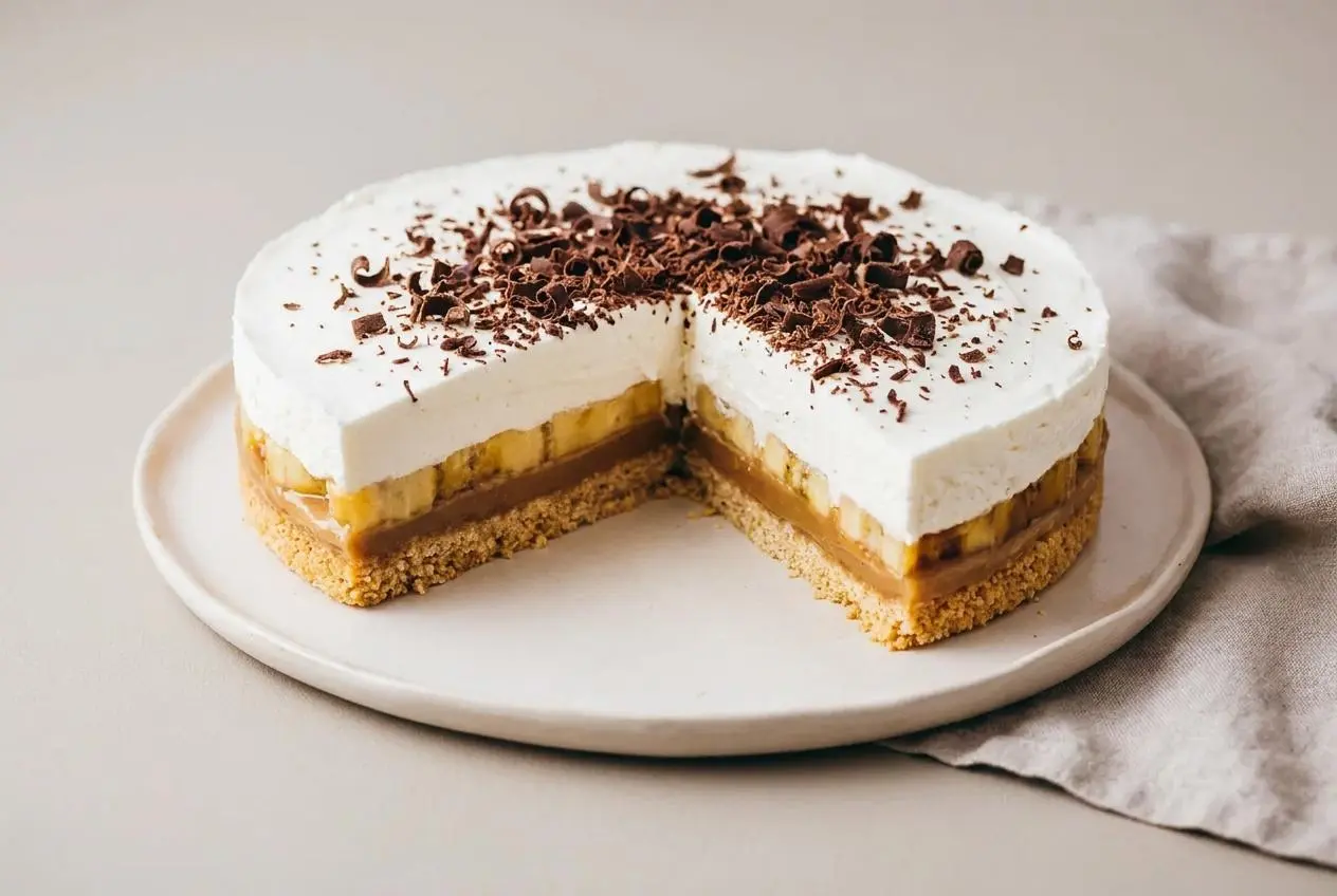 Recette banoffee sans four avec chantilly ferme, bananes fraîches et toffee fondant.