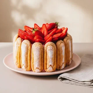 Recette charlotte aux fraises garnie de fruits frais et entourée de biscuits cuillère moelleux.