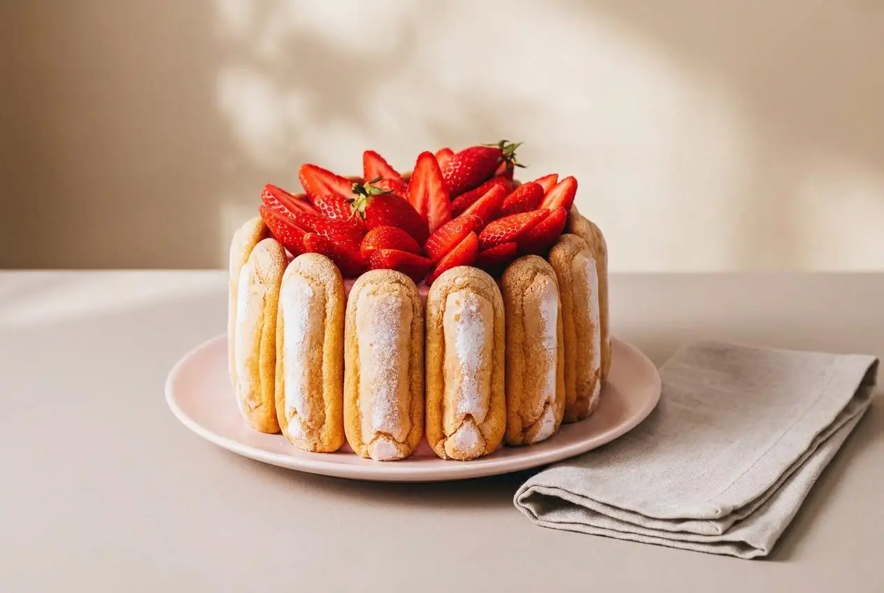 Recette charlotte aux fraises garnie de fruits frais et entourée de biscuits cuillère moelleux.