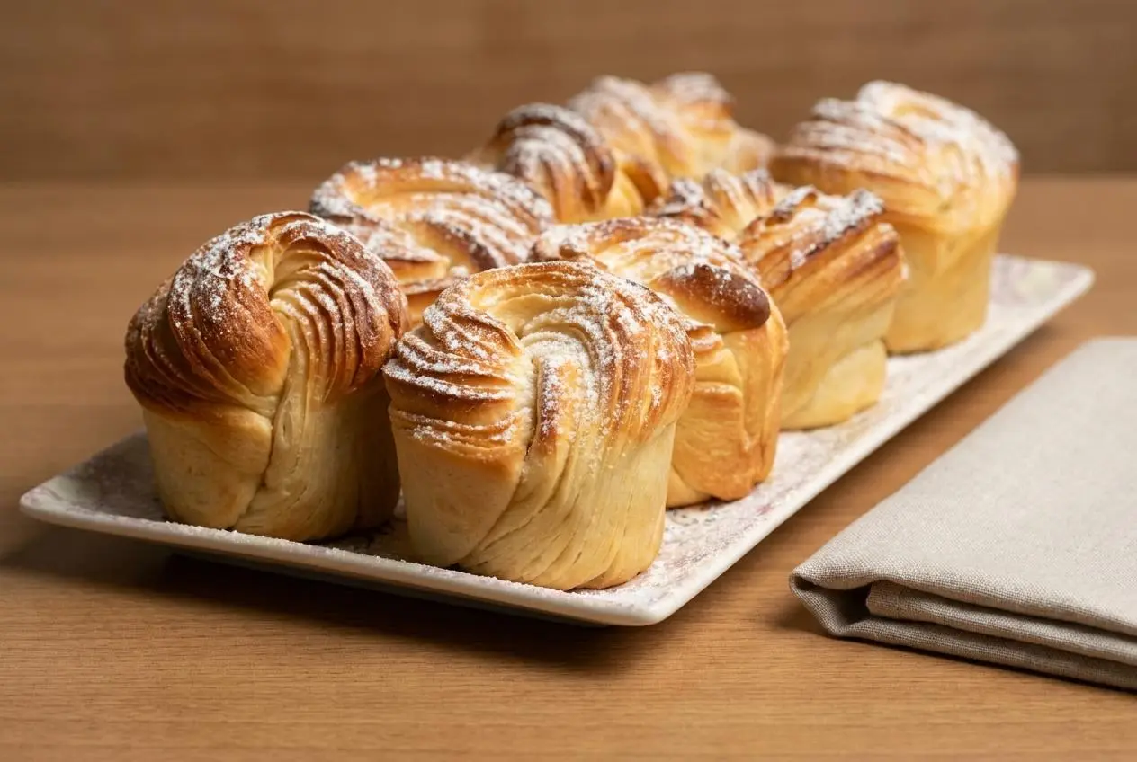 Recette cruffins dorés et croustillants au feuilletage aérien saupoudrés d'un voile de sucre glace