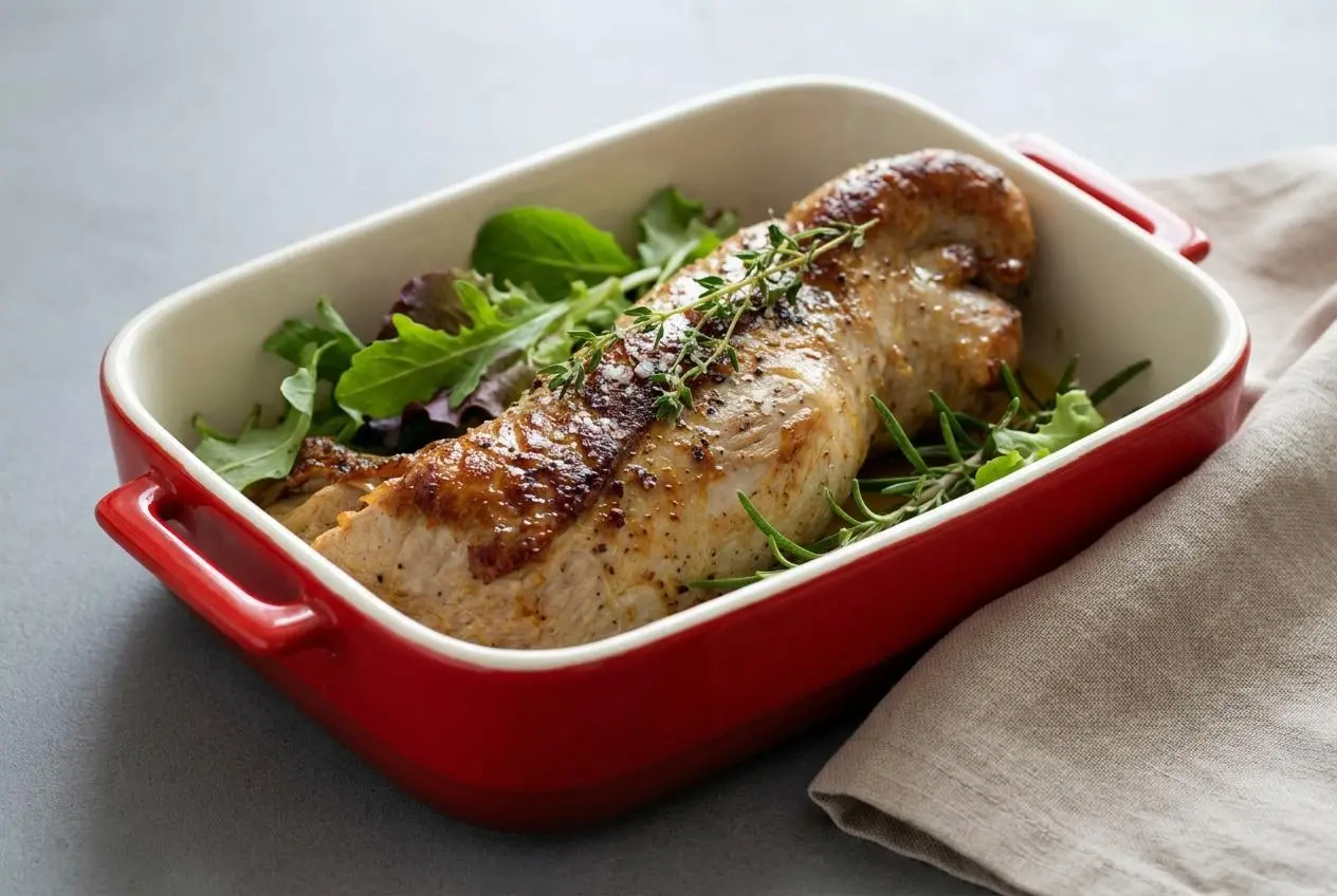Recette filet mignon de porc au four doré avec son jus de cuisson au beurre et aux herbes fraîches.