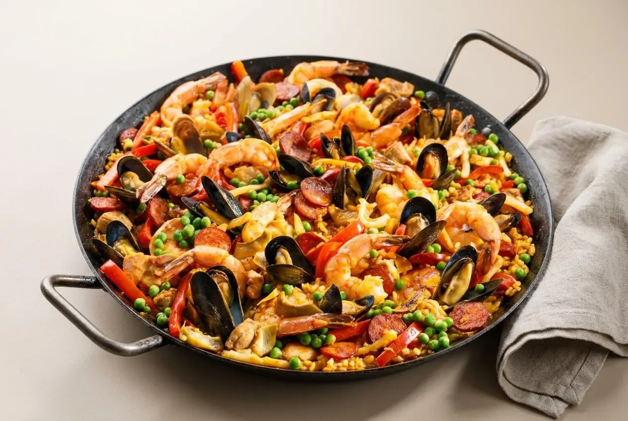 Recette paella traditionnelle garnie de crevettes, moules et riz safrané au reflet doré.