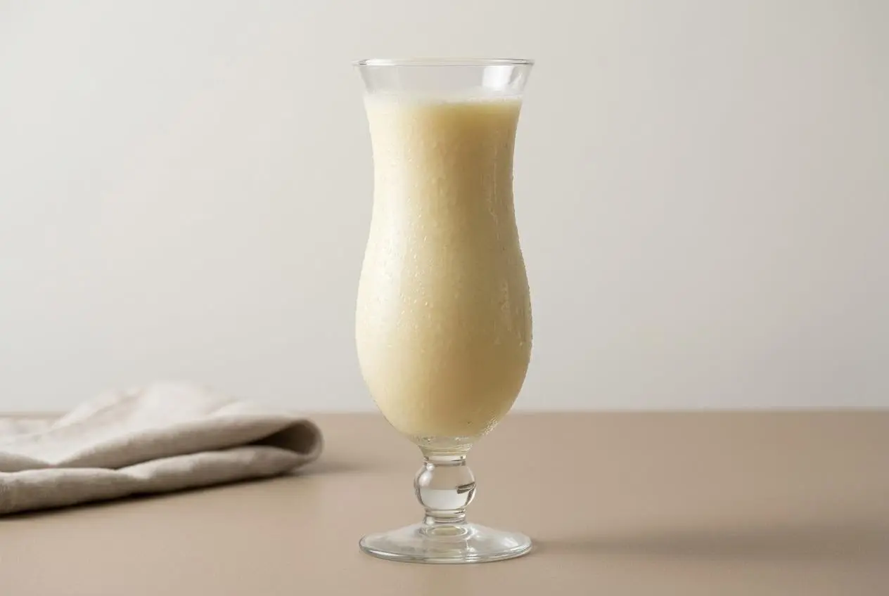 Recette Piña colada onctueuse servie dans un verre givré avec crème de coco et quartier d'ananas frais.