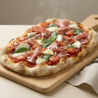 Recette pinsa croustillante garnie de mozzarella fondante, chiffonnade de coppa et tomates fraîches.