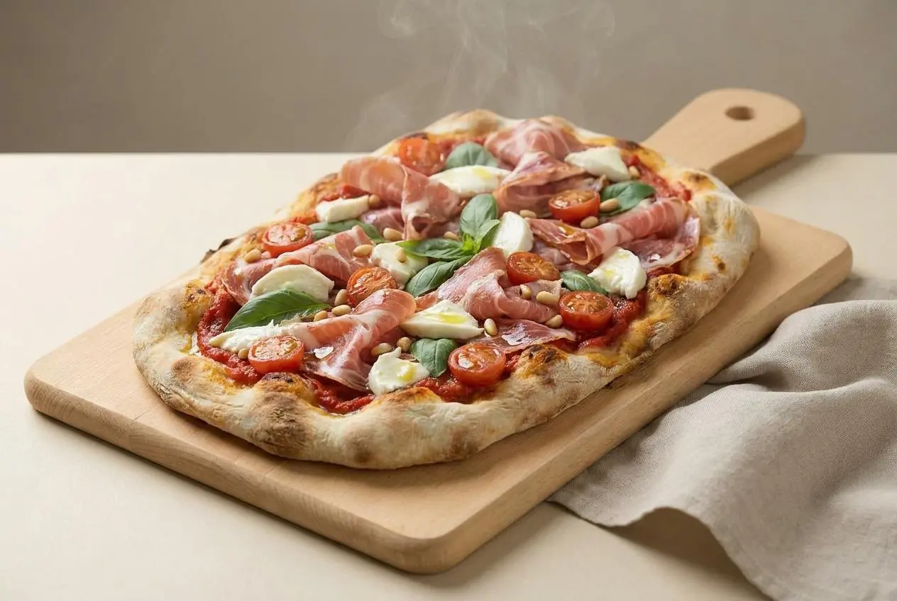 Recette pinsa croustillante garnie de mozzarella fondante, chiffonnade de coppa et tomates fraîches.