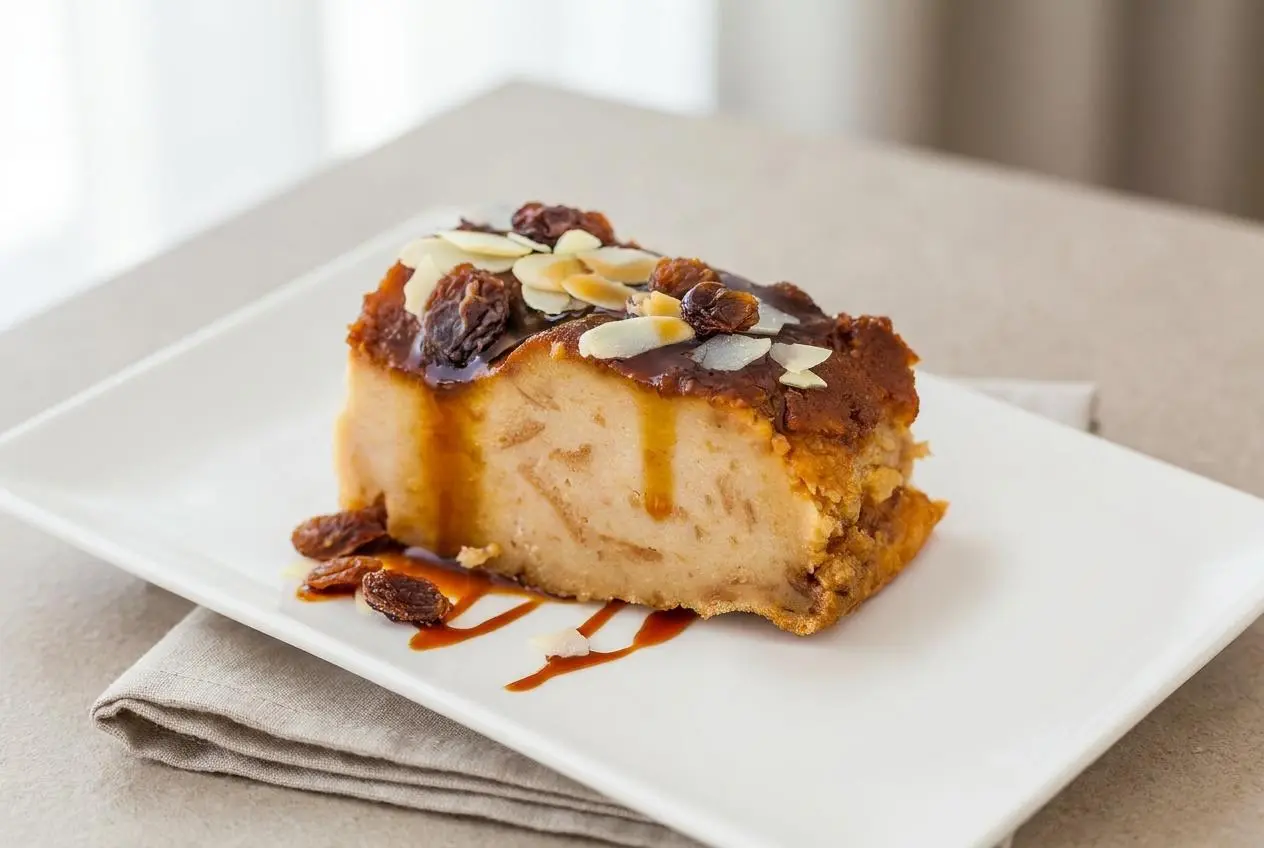 Recette pudding au pain dorée au four garnie de raisins moelleux dans un plat de cuisson.