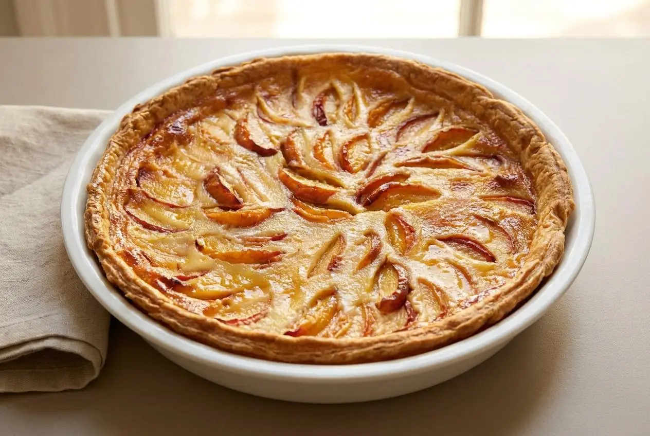 Recette tarte aux pêches fondante avec pâte feuilletée croustillante et crème dorée.
