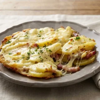 Poêlée de recette truffade aux pommes de terre dorées et tomme fraîche filante parsemée de persil.
