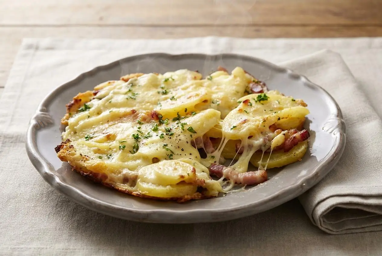 Poêlée de recette truffade aux pommes de terre dorées et tomme fraîche filante parsemée de persil.
