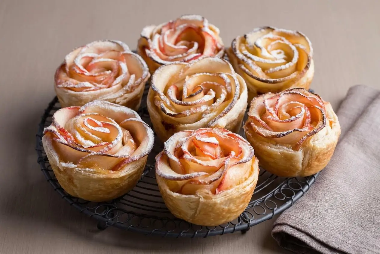 Roses feuilletées aux pommes dorées et croustillantes aux pétales délicatement caramélisés.