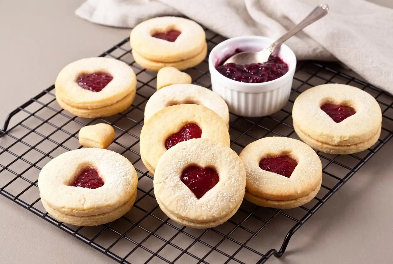 Sablés à la confiture aux amandes poudrés de sucre glace avec un cœur brillant aux fruits rouges