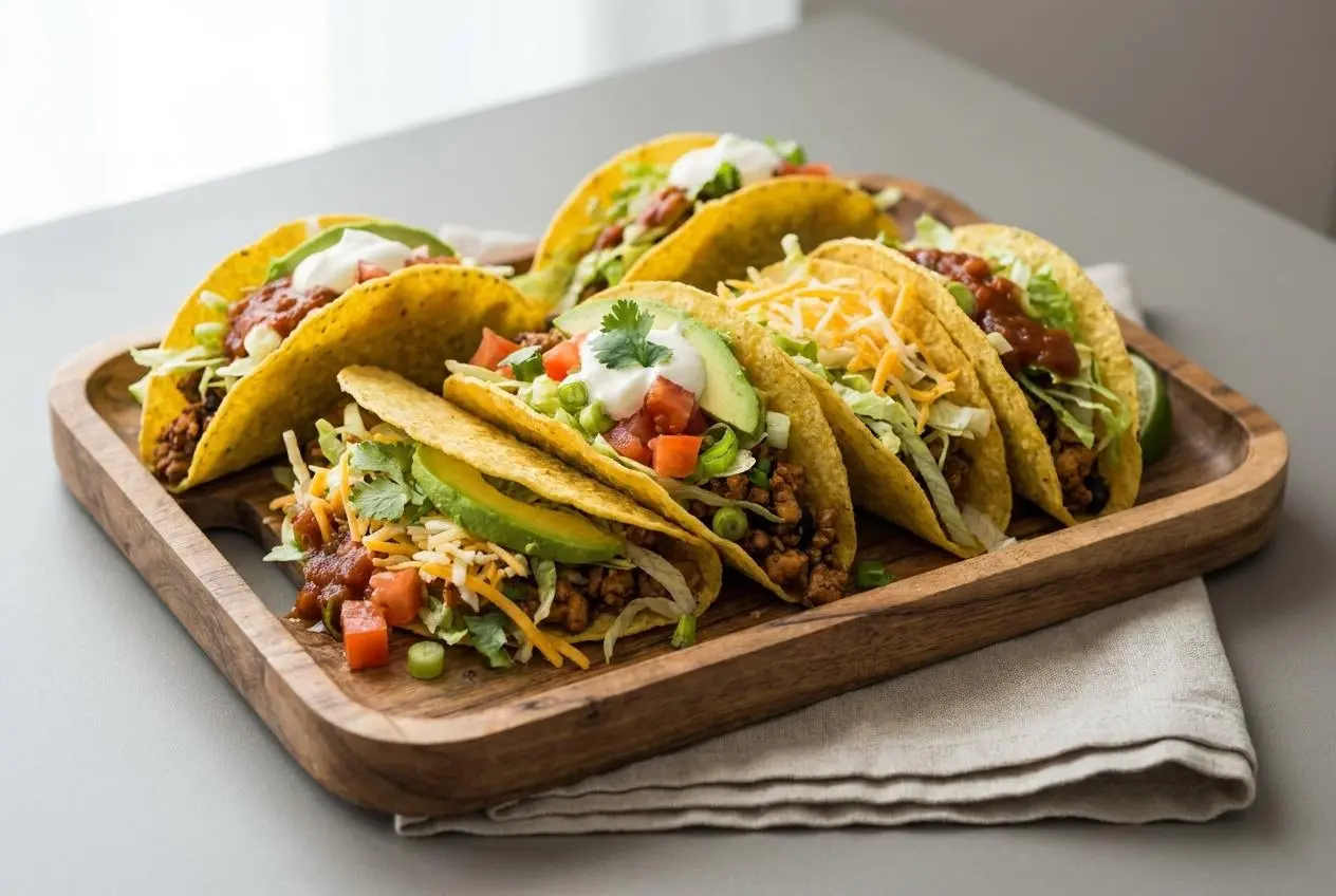 Tacos mexicains au Poulet garnis de viande dorée épicée, cheddar fondu et crudités dans des coquilles croustillantes.