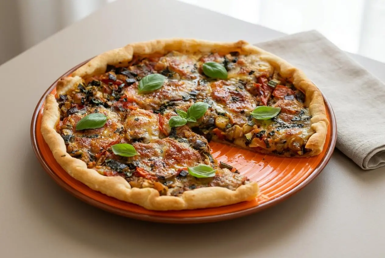 Tarte aux légumes dorée sur pâte feuilletée croustillante avec mozzarella fondue, tomates et courgettes